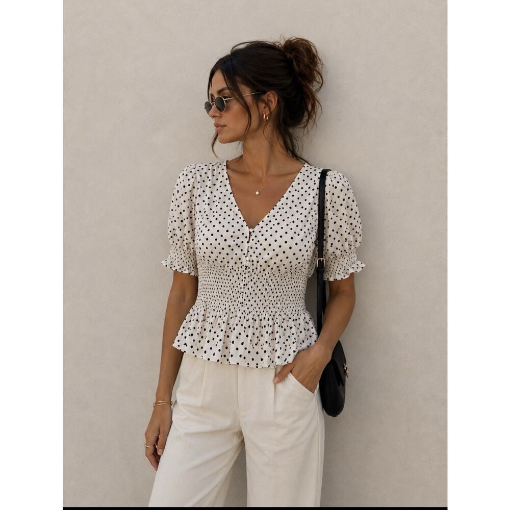 Express Cream and Black Polka Dot V-Neck Smocked Waist Blouse Size XL